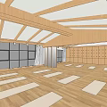 Bright Fitness Studio With Wooden Ceiling And Floors Large Windows Lockers And Yoga Mats