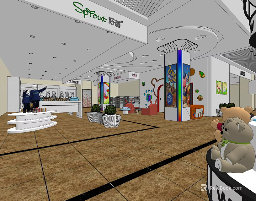 Shopping Mall Lobby With Spruce Signage Display Counters Decorative Columns And Brown Floor Tiles 3d model 