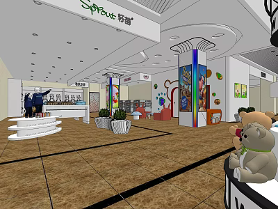 Shopping Mall Lobby With Spruce Signage Display Counters Decorative Columns And Brown Floor Tiles 3d model