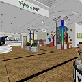Shopping Mall Lobby With Spruce Signage Display Counters Decorative Columns And Brown Floor Tiles