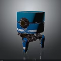Blue Sci Fi Robot With Round Eye White Stripes Cylindrical Body And Mechanical Legs