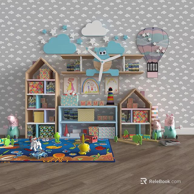 Kids Room House Shaped Storage Shelves With Toys Books And Cloud Star Decorations 3d model 