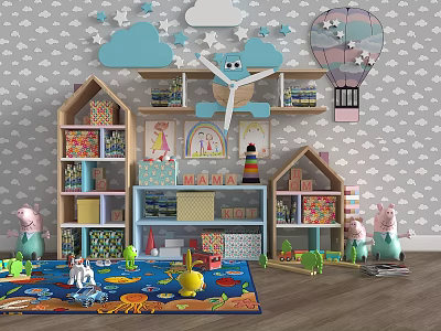 Kids Room House Shaped Storage Shelves With Toys Books And Cloud Star Decorations 3d model