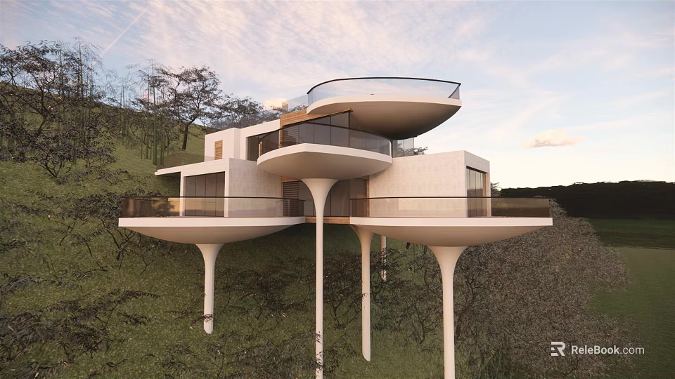 Modern Boutique Homestay Building With Levitated Structure White Exterior And Glass Balcony In Mountainous Landscape 3d model 