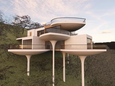 Modern Boutique Homestay Building With Levitated Structure White Exterior And Glass Balcony In Mountainous Landscape 3d model