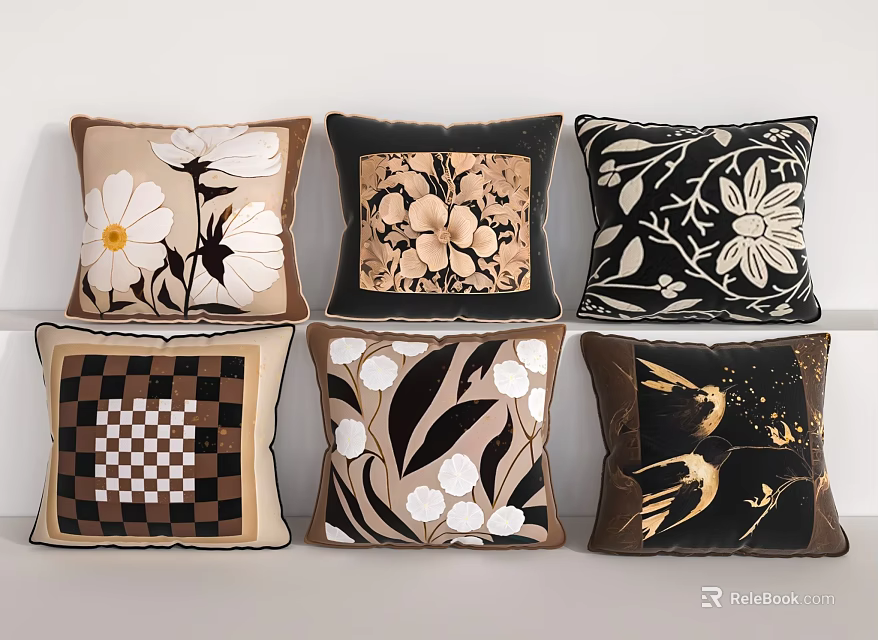 Decorative Throw Pillows With Floral Geometric And Leaf Patterns In Beige Black Brown Tones 3d model