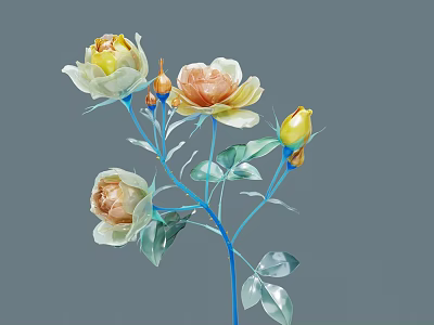Fresh Yellow And Pink Flowers In Vase With Green Leaves And Blue Stems 3d model