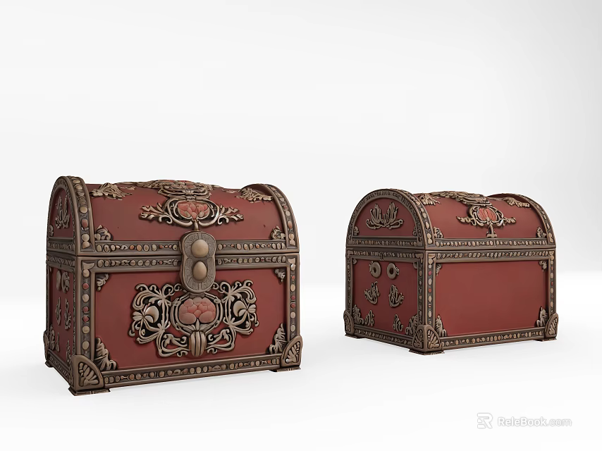 Red Ornate Vintage Chests With Intricate Carved Designs And Decorative Lock Details 3d model 