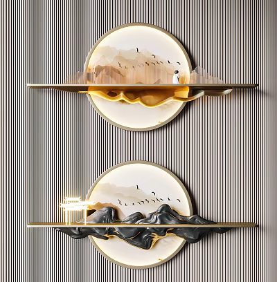 Modern Circular Wall Decor With Golden Clouds Mountain Shelves And Lighting 3d model