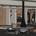 Cozy Modern Hotel Public Lounge Area With Stone Fireplace Sofa Armchairs And Green Plant