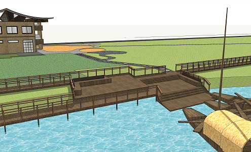 Modern plank road fishing village waterfront wooden platform 3d model