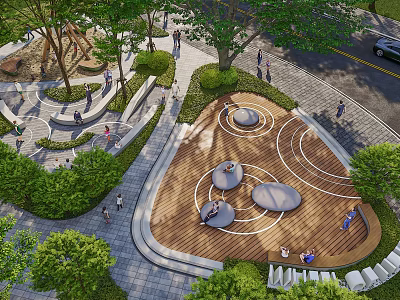 Lush Urban Park Landscape With Wooden Rest Platforms Circular Paths Green Vegetation And People Relaxing 3d model
