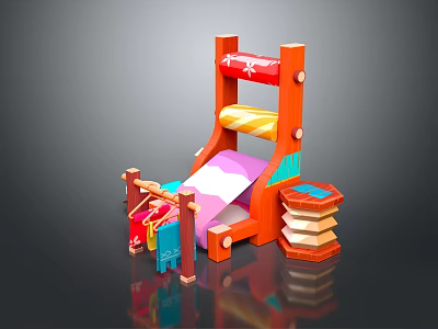 Wooden Children's Toy Equipment with Colorful Slide Hanging Clothes and Stacked Blocks 3d model