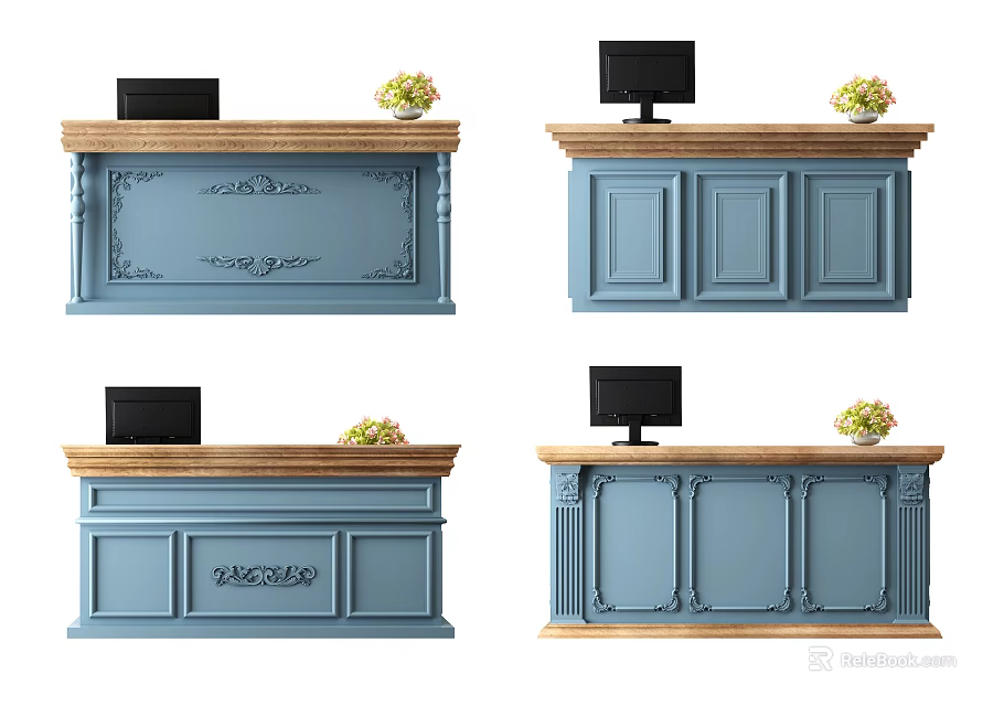 Stylish Blue Reception Desk With Wooden Countertop Computer Monitor And Potted Plants 3d model 