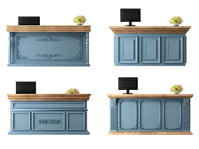 Stylish Blue Reception Desk With Wooden Countertop Computer Monitor And Potted Plants 3d model