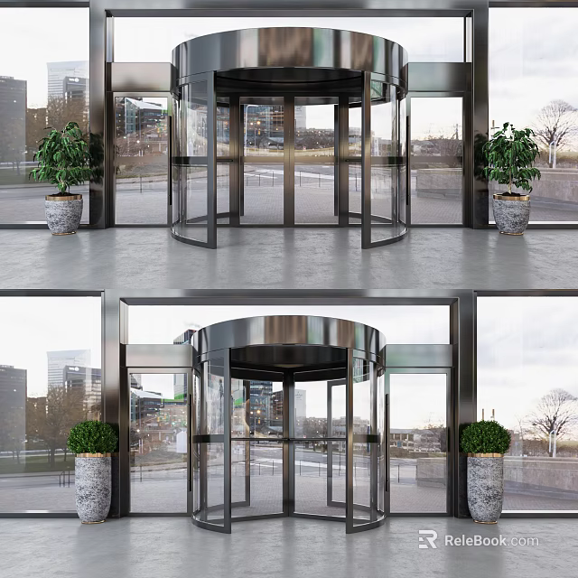 Modern Building Entrance With Glass Revolving Door And Potted Green Plants 3d model 