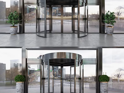 Modern Building Entrance With Glass Revolving Door And Potted Green Plants 3d model