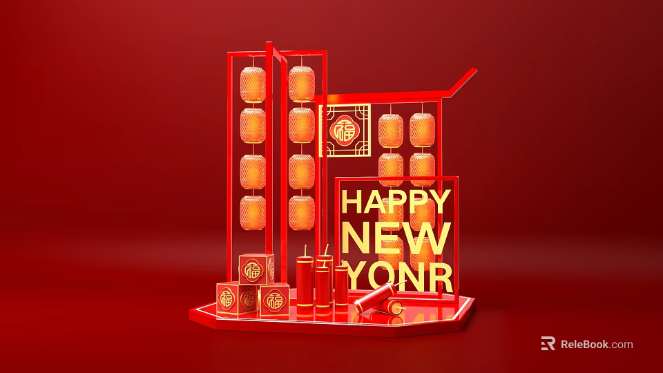 Red Themed New Year Decoration with Lanterns Fu Character and Golden Happy New Year Text 3d model 