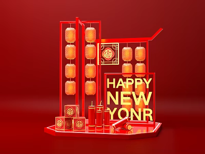 Red Themed New Year Decoration with Lanterns Fu Character and Golden Happy New Year Text 3d model