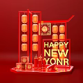 Red Themed New Year Decoration with Lanterns Fu Character and Golden Happy New Year Text
