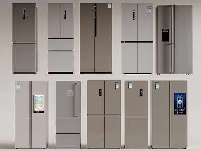 Modern Refrigerators and Freezers with Different Door Styles and Sleek Gray Exteriors 3d model