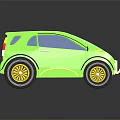 Cartoon Style Green Car With Large Wheels Blue Roof On Black Background And Reflection