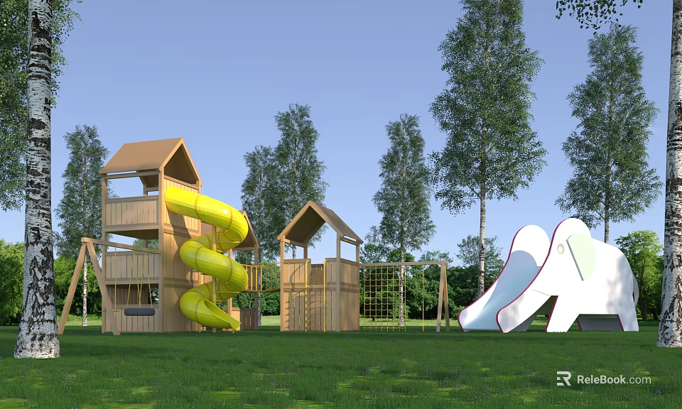 Outdoor Wooden Playground Equipment With Yellow Spiral Slide White Wave Slide And Green Grass Trees 3d model 