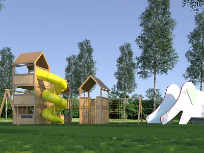 Outdoor Wooden Playground Equipment With Yellow Spiral Slide White Wave Slide And Green Grass Trees 3d model