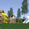 Outdoor Wooden Playground Equipment With Yellow Spiral Slide White Wave Slide And Green Grass Trees