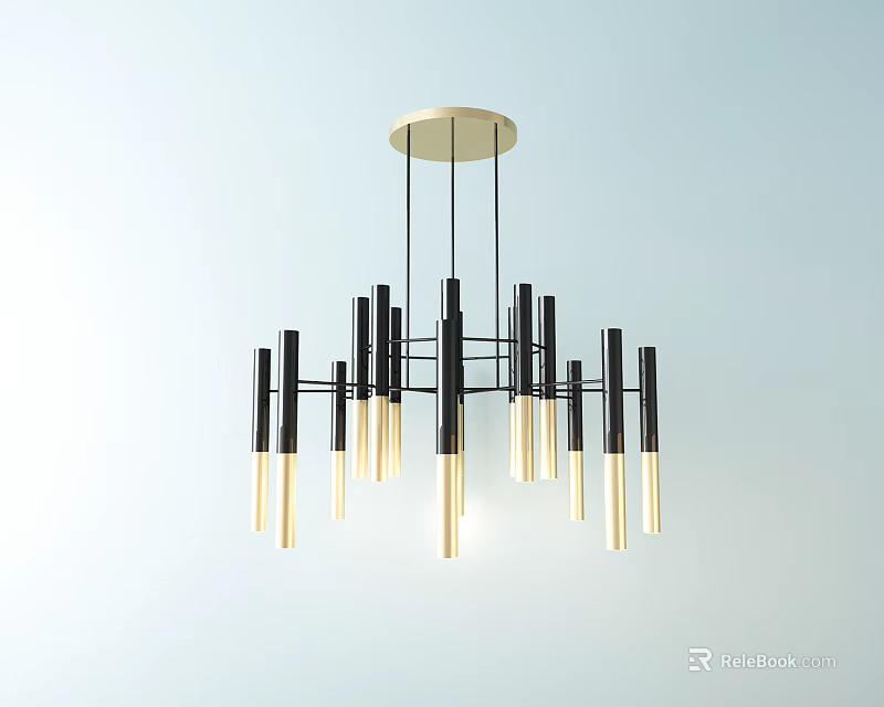 Modern Minimalist Chandelier With Black And Gold Slim Tubes Radial Arrangement Design 3d model 