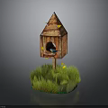 Wooden Birdhouse With Small Bird Perched On Grass Base And Yellow Leaves