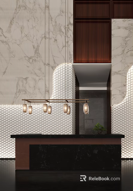 Modern Reception Desk Interior With Marble Wall Pendant Lights And Wooden Counter 3d model 
