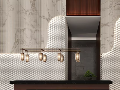 Modern Reception Desk Interior With Marble Wall Pendant Lights And Wooden Counter 3d model
