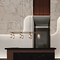 Modern Reception Desk Interior With Marble Wall Pendant Lights And Wooden Counter