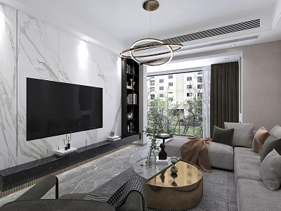 Modern Living and Dining Room Interior With Marble Wall Large TV Sofa And Plants 3d model