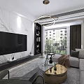 Modern Living and Dining Room Interior With Marble Wall Large TV Sofa And Plants