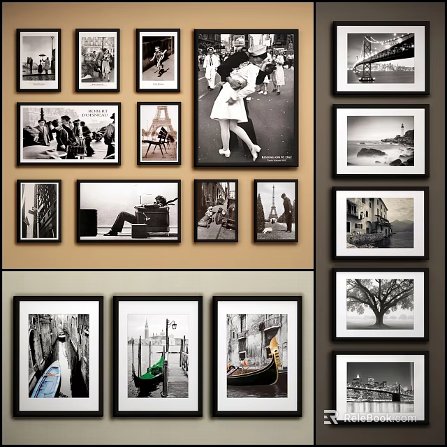 Black and White Framed Landscape Paintings With Eiffel Tower And Venetian Gondola Views On Wall 3d model 