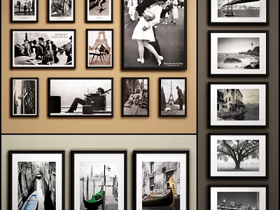 Black and White Framed Landscape Paintings With Eiffel Tower And Venetian Gondola Views On Wall 3d model
