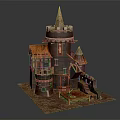 Cartoon Castle Scene with Stone Towers Red Spires Red Roofs Stone Stairs and Wooden Table