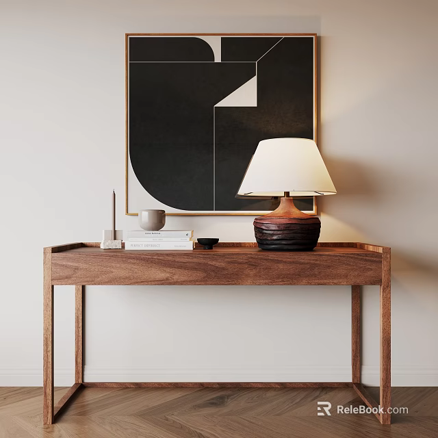 Modern Entryway Console Table Design With Wooden Frame Table Lamp And Wall Art 3d model