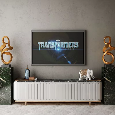 Modern Technology Exhibition Hall Screen Displaying Transformers Rise of the Beasts Golden Sculptures Marble Bases 3d model