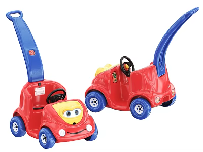 Red Children's Push Along Toy Cars With Blue Handles And Cartoon Faces 3d model