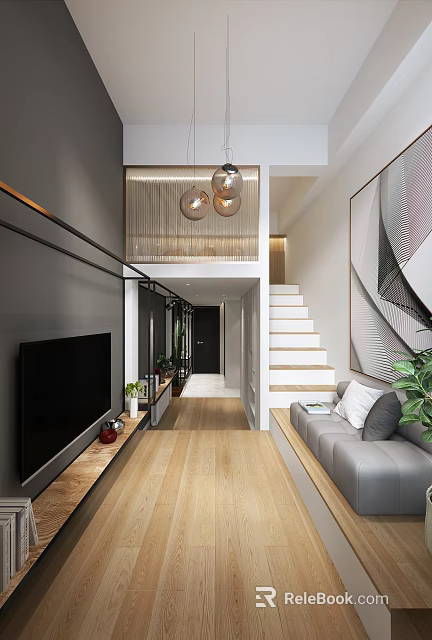Modern Living Room Interior With TV Wooden Stand Gray Sofa Staircase Pendant Lights Green Plants 3d model 
