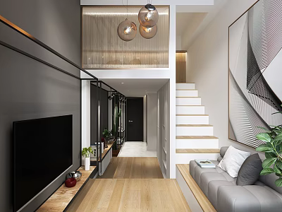Modern Living Room Interior With TV Wooden Stand Gray Sofa Staircase Pendant Lights Green Plants 3d model