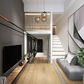Modern Living Room Interior With TV Wooden Stand Gray Sofa Staircase Pendant Lights Green Plants