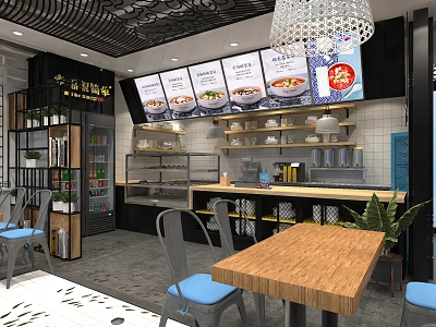 Malatang Restaurant Interior With Open Kitchen Menu Display Wooden Tables And Hanging Lights 3d model