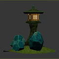 Traditional Green Japanese Lantern With Pedestal And Blue Stones On Green Grass