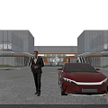 Modern Office Building with Glass Curtain Walls Front Parking Area and Businessman by Red Car