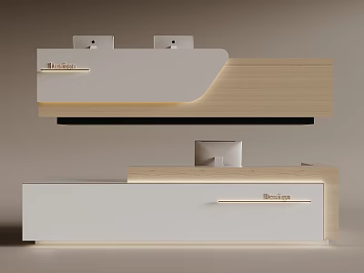 Sleek Modern Front Desk Reception Design With White And Wooden Panel And Accent Lighting Details 3d model