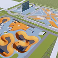 Modern Geometric Plaza Landscape With Orange Play Structures Paved Areas And Green Lawns